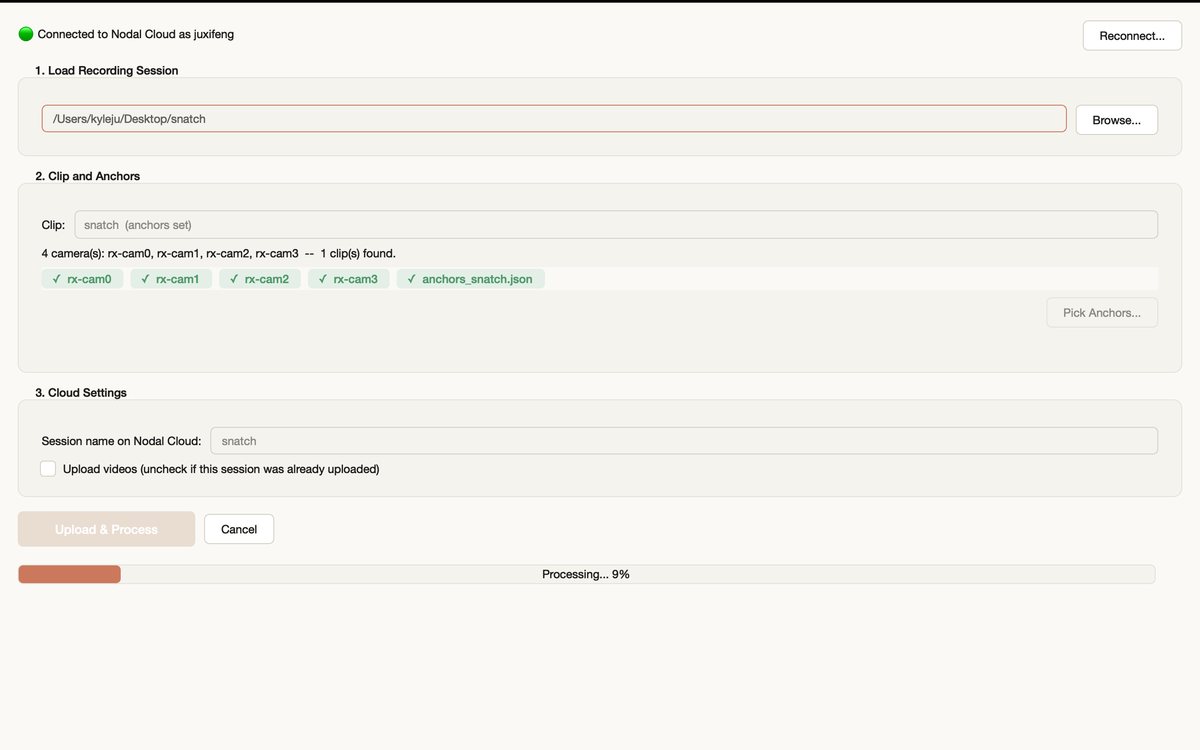 Process UI showing a recording session queued for cloud 3D pose estimation